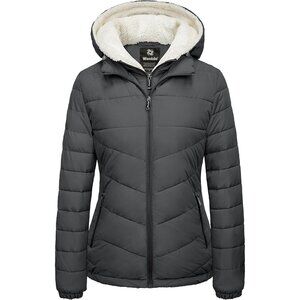 Women's Fabric Fleece Hooded Dark Gray Puffer Quilted Jacket Coats Winter Warm
